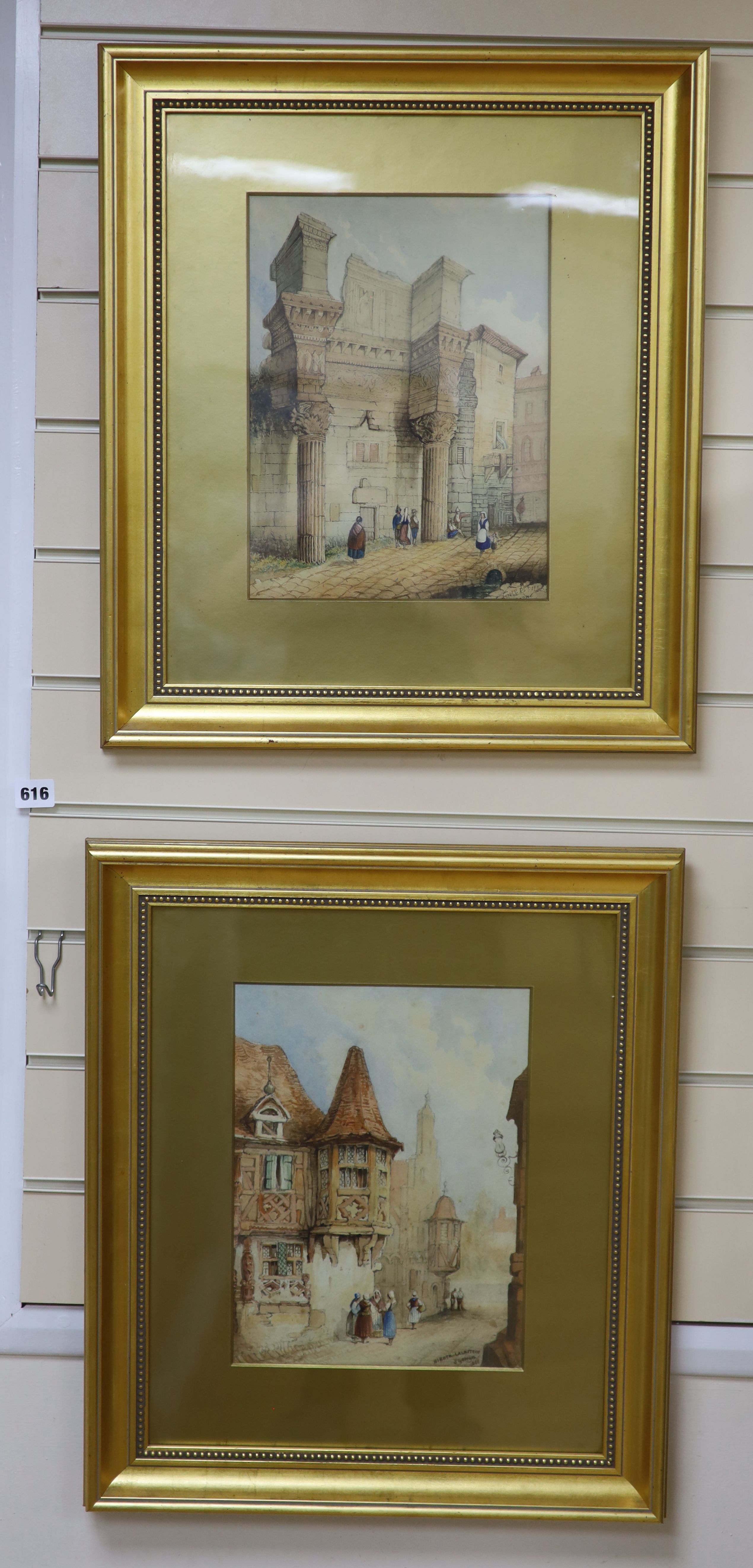 J. Georges, pair of watercolours, Street scenes, Depalla and Nirder-Lalmstein, one signed and dated 1842, 31 x 23cm